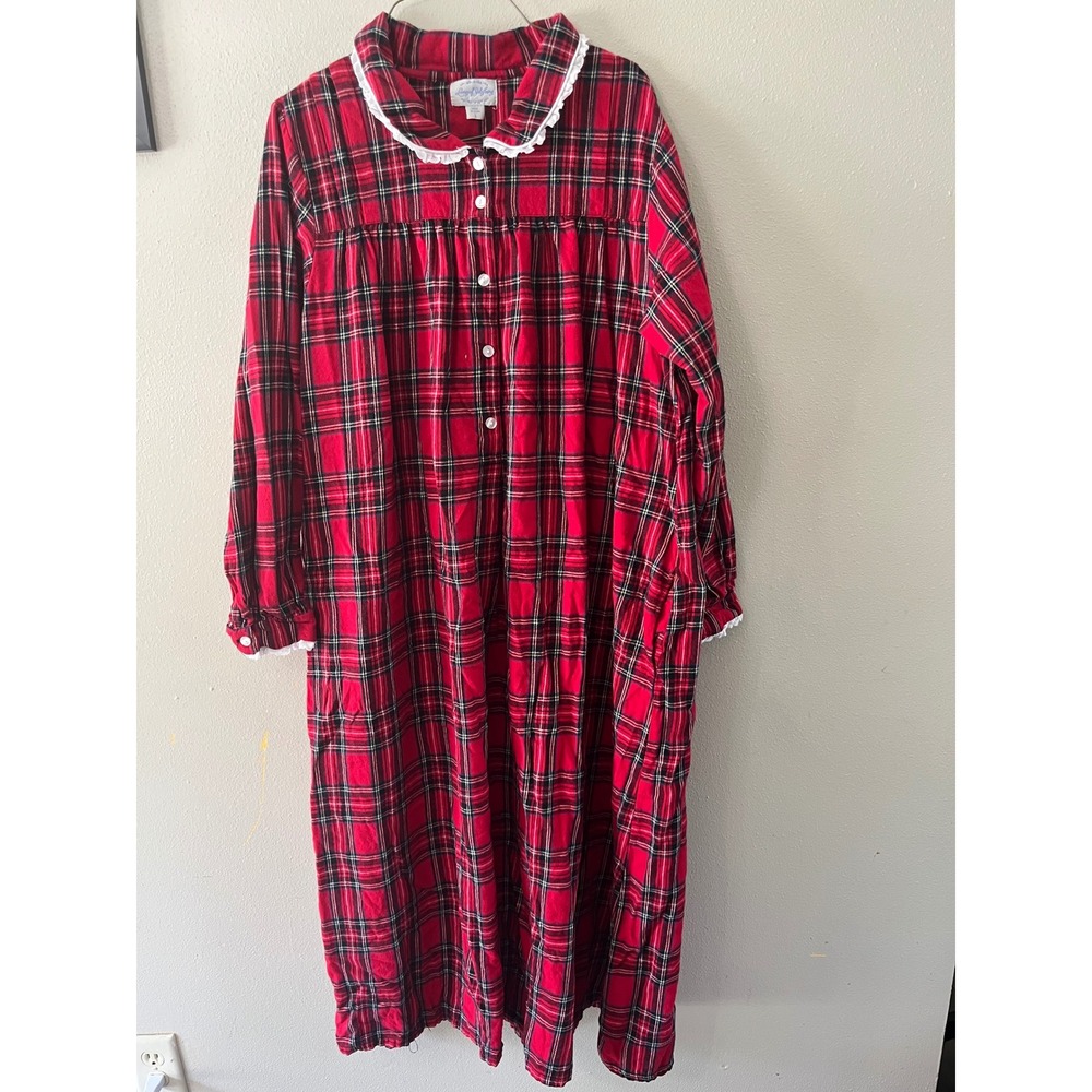 LANZ OF SALZBURG Nightgown Plaid Flannel Lace Women L Red Vintage Sleepwear